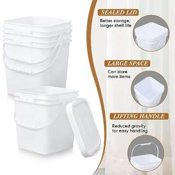 Mumufy 5 Pcs 3.5 Gallon Square Food Grade Bucket Square Bucket with Lid Food Square Grade Bucket Pail with Plastic Handle and Lid Square Buckets for Storing Dry Food Charcoal Camping Fishing (White)