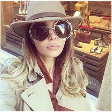 VIVIENFANG Oversized Round Polarized Sunglasses, Premium Stainless Steel Double Circle frame, Designer Inspired Shade for Women U86613A Gold