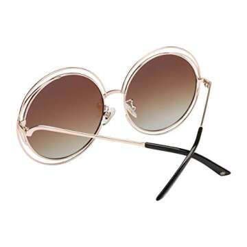 VIVIENFANG Oversized Round Polarized Sunglasses, Premium Stainless Steel Double Circle frame, Designer Inspired Shade for Women U86613A Gold