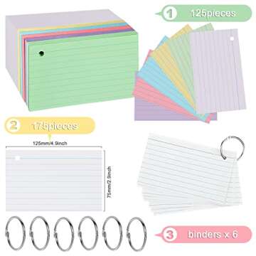 300PCS 3x5 Inch Index Cards, Multicolor Lined Flash Cards with Rings Ruled Index Cards Punched Note ...