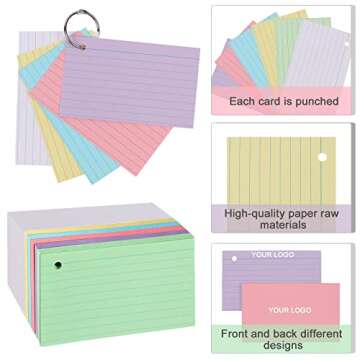 300PCS 3x5 Inch Index Cards, Multicolor Lined Flash Cards with Rings Ruled Index Cards Punched Note Cards for Study, Record Home Classroom Office