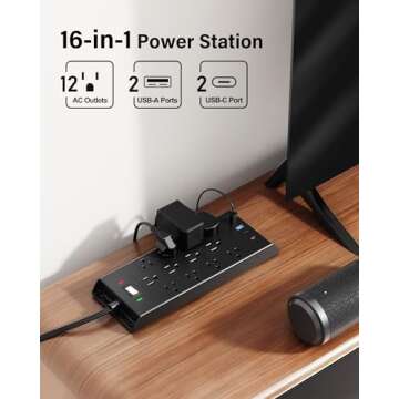 Flat Plug Power Strip with 10Ft Cord, 12 Outlets & Surge Protection