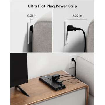LeZone Flat Plug Power Strip 10Ft - 12 Outlets & USB Ports