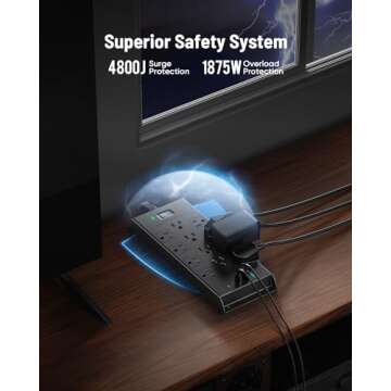 LeZone Flat Plug Power Strip 10Ft - 12 Outlets & USB Ports