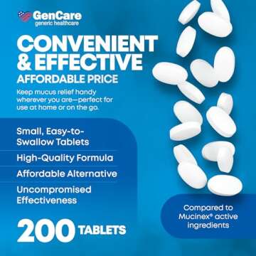 GenCare Mucus Relief Expectorant Guaifenesin 400 mg 200 Tablets Value Pack - Fast Acting Thinning of Mucus for Colds, Chest Congestion, Flu, Coughing and Allergies