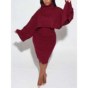 Famnbro Womens Fall Two Piece Outfits Rib-Knit Turtle Neck Long Sleeve Crop Top Sexy Sweater Dress S...