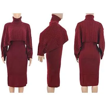 Famnbro Womens Fall Two Piece Outfits Rib-Knit Turtle Neck Long Sleeve Crop Top Sexy Sweater Dress Suits