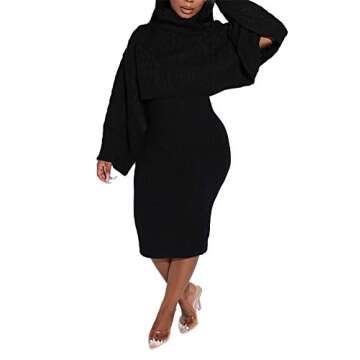 Famnbro Womens Fall Two Piece Outfits Rib-Knit Turtle Neck Long Sleeve Crop Top Sexy Sweater Dress Suits