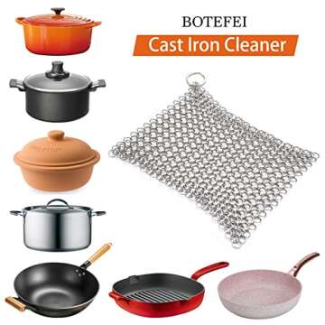 Cast Iron Cleaner 6" x 6.3" Premium 316L Stainless Steel Chainmail Scrubber for Skillet, Wok, Pot, Pan; Pre-Seasoned Pan Dutch Ovens Waffle Iron Pans Scraper Cast
