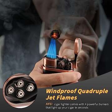 XIFEI Cigar Lighter 4 Jet Flame Torch Lighter with Cigar Holder, Windproof Rocker Arm Lighter Adjust...