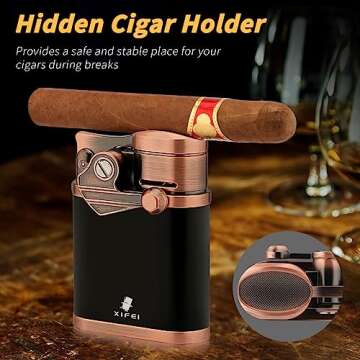 XIFEI Cigar Lighter 4 Jet Flame Torch Lighter with Cigar Holder, Windproof Rocker Arm Lighter Adjustable Flame, Refillable Butane Lighter Smoking Lighters Gift for Men (Bronze)