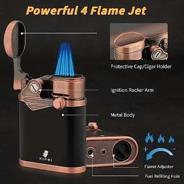 XIFEI Cigar Lighter 4 Jet Flame Torch Lighter with Cigar Holder, Windproof Rocker Arm Lighter Adjustable Flame, Refillable Butane Lighter Smoking Lighters Gift for Men (Bronze)