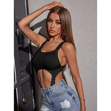 SOLY HUX Women's Sexy High Cut Out Bodysuit Shapewear Skinny Top Camisole Corset Bodysuit Solid Black S
