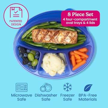 Bentgo Easyboxes 4-Compartment Oval Containers - Patented Design 8-Piece Set; 4 Trays & 4 Fitted Lids Seal in Freshness; Reusable Food Storage & Meal Prep BPA-Free Containers (Jewel Brights)