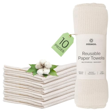 mioeco 10 Pack Kitchen Paper Towels - Eco-Friendly Organic Cotton, Reusable & Absorbent