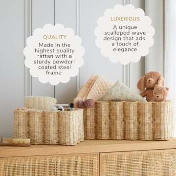 BEBE BASK Unique Wavy Scalloped Basket Set Of 2 - Scallop Basket - 16 x 10 x 7 In - Hand-Woven Elegant Wicker With Scalloped Edge Lid - Nursery Storage - (Natural)