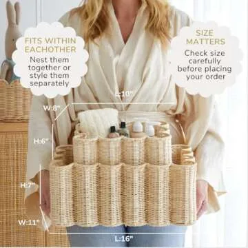 BEBE BASK Unique Wavy Scalloped Basket Set Of 2 - Scallop Basket - 16 x 10 x 7 In - Hand-Woven Elegant Wicker With Scalloped Edge Lid - Nursery Storage - (Natural)