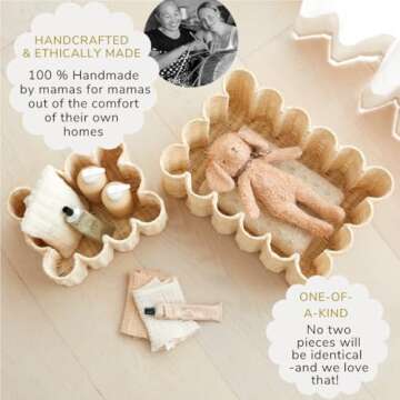 BEBE BASK Unique Wavy Scalloped Basket Set Of 2 - Scallop Basket - 16 x 10 x 7 In - Hand-Woven Elegant Wicker With Scalloped Edge Lid - Nursery Storage - (Natural)