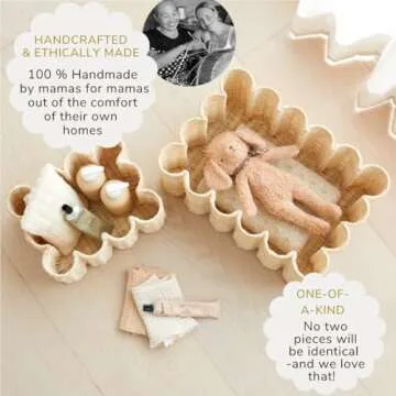 BEBE BASK Unique Wavy Scalloped Basket Set Of 2 - Scallop Basket - 16 x 10 x 7 In - Hand-Woven Elegant Wicker With Scalloped Edge Lid - Nursery Storage - (Natural)