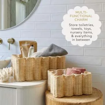 BEBE BASK Unique Wavy Scalloped Basket Set Of 2 - Scallop Basket - 16 x 10 x 7 In - Hand-Woven Elegant Wicker With Scalloped Edge Lid - Nursery Storage - (Natural)