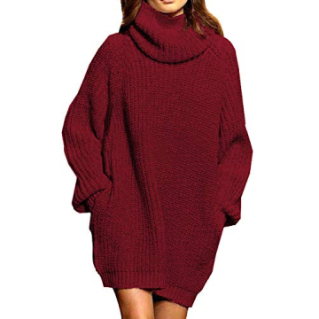 Women's Oversize Turtleneck Sweater Dress in Wine Red