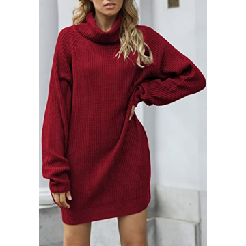 Women's Oversize Turtleneck Sweater Dress in Wine Red