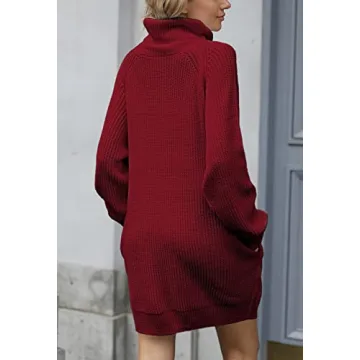 Women's Oversize Turtleneck Sweater Dress in Wine Red