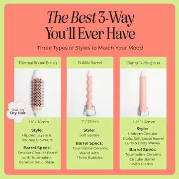 INH Hair 3-in-1 Quick Change Styler | Interchangeable Styling Tool with 3 Detachable Heads: Thermal Round Brush, Clamp Curling Iron, and Bubble Barrel