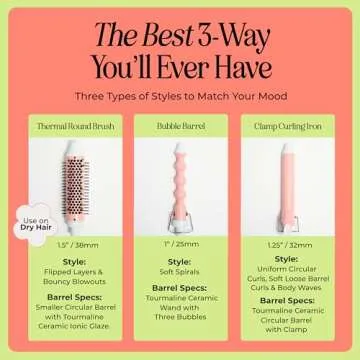 INH Hair 3-in-1 Quick Change Styler | Interchangeable Styling Tool with 3 Detachable Heads: Thermal Round Brush, Clamp Curling Iron, and Bubble Barrel