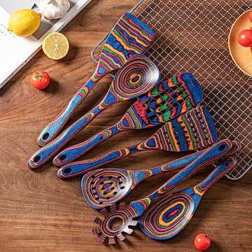 Gudamaye Pakkawood 7-Piece Blue Wooden Cooking Utensils, Wooden Spoons for Cooking, Wooden Spoon Set...