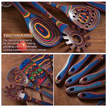 Gudamaye Pakkawood 7-Piece Blue Wooden Cooking Utensils, Wooden Spoons for Cooking, Wooden Spoon Set, Wooden Kitchen Utensil set, Pakkawood Cooking Spoons, Non-Stick Spoon,Pakkawood kitchen utensils