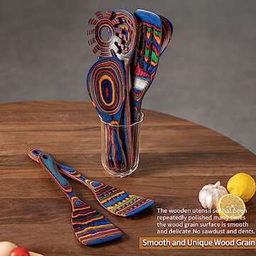 Gudamaye Pakkawood 7-Piece Blue Wooden Cooking Utensils, Wooden Spoons for Cooking, Wooden Spoon Set, Wooden Kitchen Utensil set, Pakkawood Cooking Spoons, Non-Stick Spoon,Pakkawood kitchen utensils