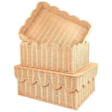 Quincry Scalloped Edge Rattan Basket Tray With Lid 2 Set, Lids can be used as Trays, Scallop Wicker ...