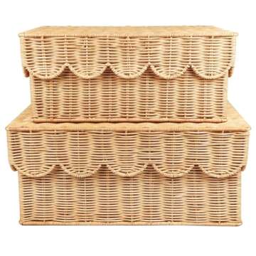 Quincry Scalloped Edge Rattan Basket Tray With Lid 2 Set, Lids can be used as Trays, Scallop Wicker Storage Basket for Organizing Shelf Decorative(Natural)