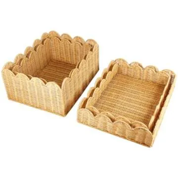 Quincry Scalloped Edge Rattan Basket Tray With Lid 2 Set, Lids can be used as Trays, Scallop Wicker Storage Basket for Organizing Shelf Decorative(Natural)