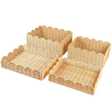 Quincry Scalloped Edge Rattan Basket Tray With Lid 2 Set, Lids can be used as Trays, Scallop Wicker Storage Basket for Organizing Shelf Decorative(Natural)