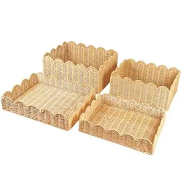 Quincry Scalloped Edge Rattan Basket Tray With Lid 2 Set, Lids can be used as Trays, Scallop Wicker Storage Basket for Organizing Shelf Decorative(Natural)
