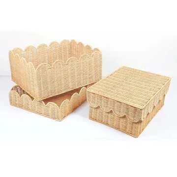 Quincry Scalloped Edge Rattan Basket Tray With Lid 2 Set, Lids can be used as Trays, Scallop Wicker Storage Basket for Organizing Shelf Decorative(Natural)