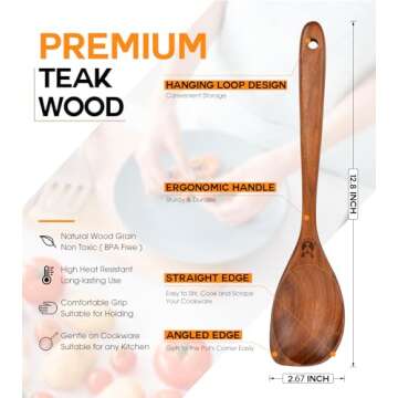 Wooden Spoons for Cooking, Natural Premium Teak Wood Corner Spoon, Good Grip Large Wooden Spoons and...