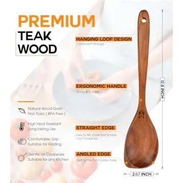 Wooden Spoons for Cooking, Natural Premium Teak Wood Corner Spoon, Good Grip Large Wooden Spoons and...