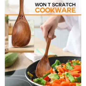 Wooden Spoons for Cooking, Natural Premium Teak Wood Corner Spoon, Good Grip Large Wooden Spoons and Wooden Spatula, Heat Resistant Wooden Cooking Utensils for Nonstick Cookware Cooking Gifts