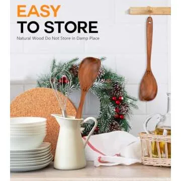 Wooden Spoons for Cooking, Natural Premium Teak Wood Corner Spoon, Good Grip Large Wooden Spoons and Wooden Spatula, Heat Resistant Wooden Cooking Utensils for Nonstick Cookware Cooking Gifts