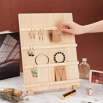 PH PandaHall 4-Tier Wooden Earring Display Stand, Retail Jewelry Display Riser Removable Showcase with Slots Rustic Earring Display Card Holder for Selling Craft Showing Exhibition Jewelry Storage