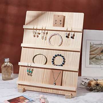 PH PandaHall 4-Tier Wooden Earring Display Stand, Retail Jewelry Display Riser Removable Showcase with Slots Rustic Earring Display Card Holder for Selling Craft Showing Exhibition Jewelry Storage