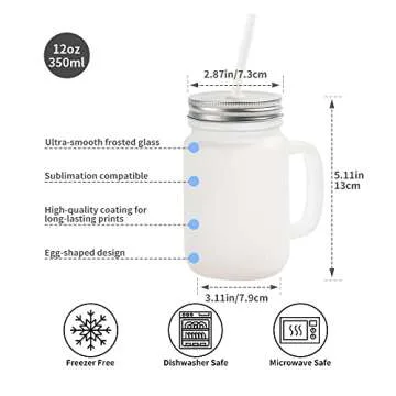 Craft Express 12 OZ Sublimation Glass Mason Jar Blanks Frosted with Handle-Sublimation Tumbler Jar Cups Glass with Lid and Straw-Perfect for Cricut Mug Press Crafting-Set of 4