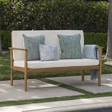 Christopher Knight Home Luciano Outdoor Acacia Wood Bench with Water Resistant Fabric Cushions, Brown Patina / Cream