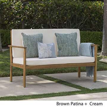 Christopher Knight Home Luciano Outdoor Acacia Wood Bench with Water Resistant Fabric Cushions, Brown Patina / Cream