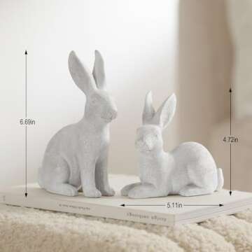 DN DECONATION White Frosted Resin Bunny Figurines Set of 2, Rabbit Statues Indoor Easter Decorations...