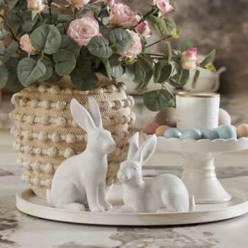 DN DECONATION White Frosted Resin Bunny Figurines Set of 2, Rabbit Statues Indoor Easter Decorations for Spring Home Decor, Decorative Easter Bunny Ornaments for Table Centerpiece Living Room Decor