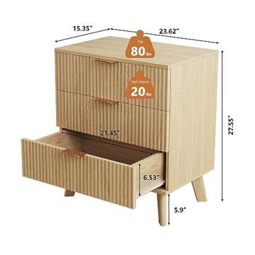 Mid-Century 3 Drawers Bedside Table Cabinet, Modern Nightstand with 3 Drawer and Solid Wood Legs, Co...